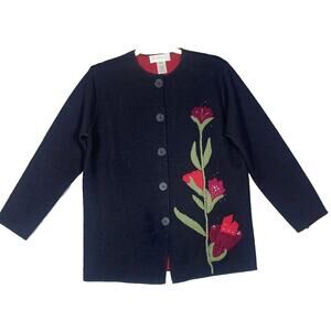 Susan Bristol Wool Black / Red Embroidered Jacket‎ Cardigan Sz S February RED